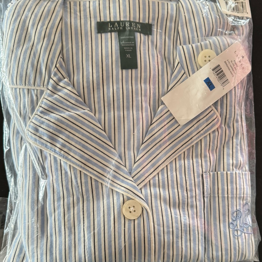 NWT Lauren Ralph Lauren 100% Cotton Bingham Knits Pajamas Blue Stripe Size XL